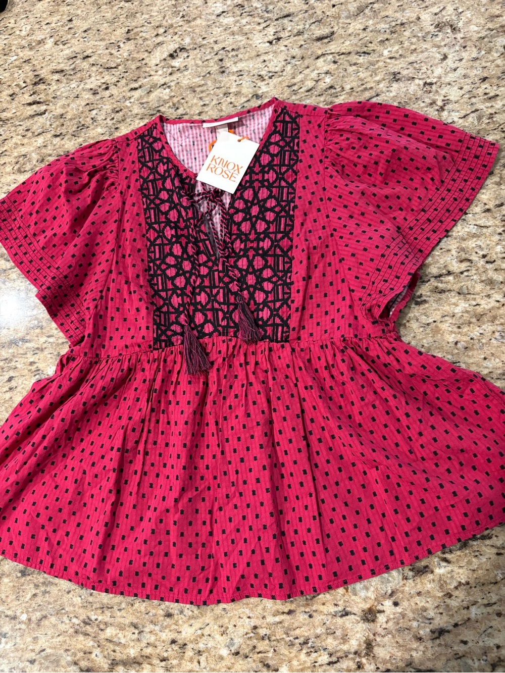 Knox Rose Magenta Peasant Blouse with Black Embroidery, Small